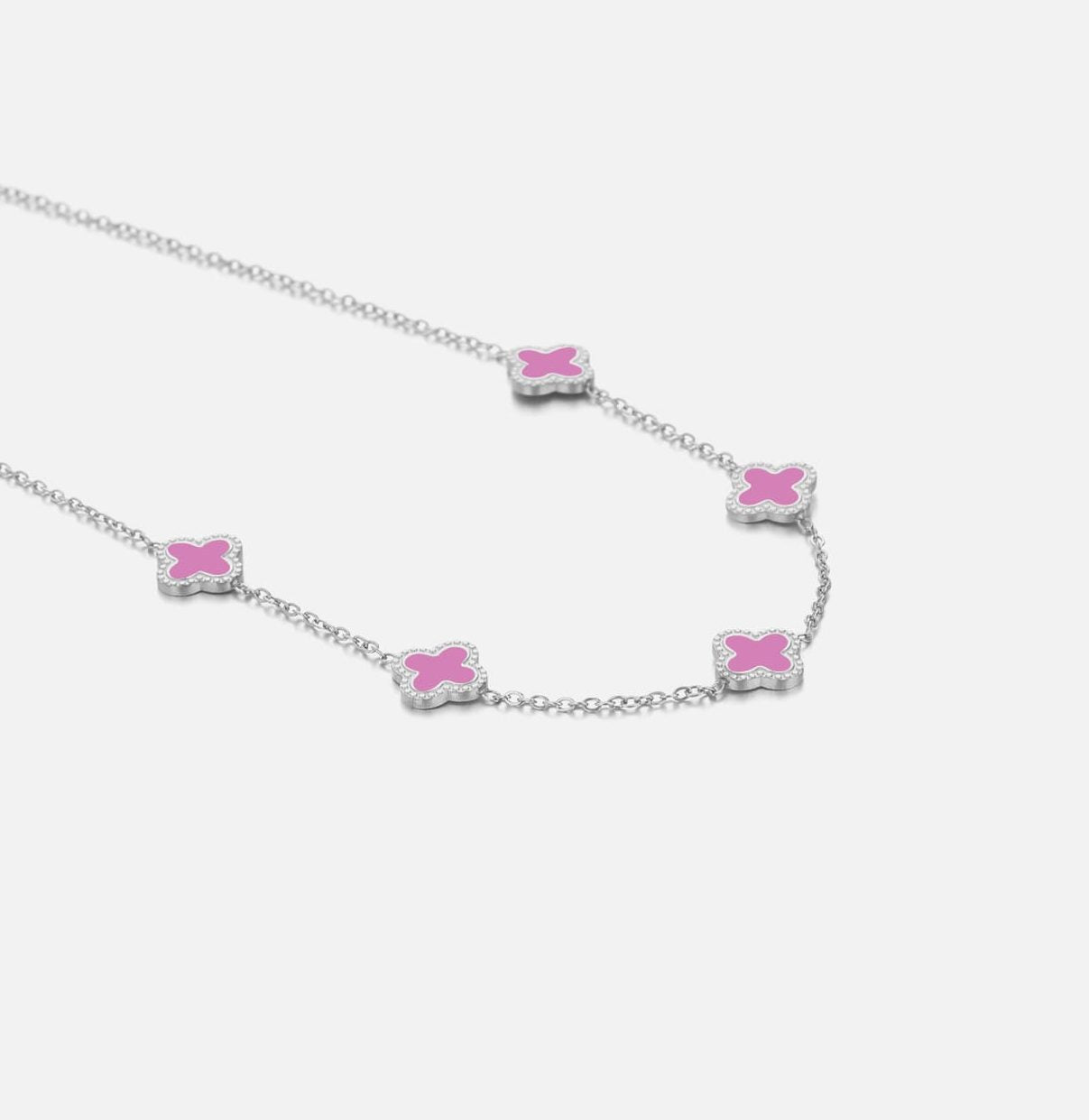 "KLAVER ROZE ZILVER'' ZILVEREN KETTING