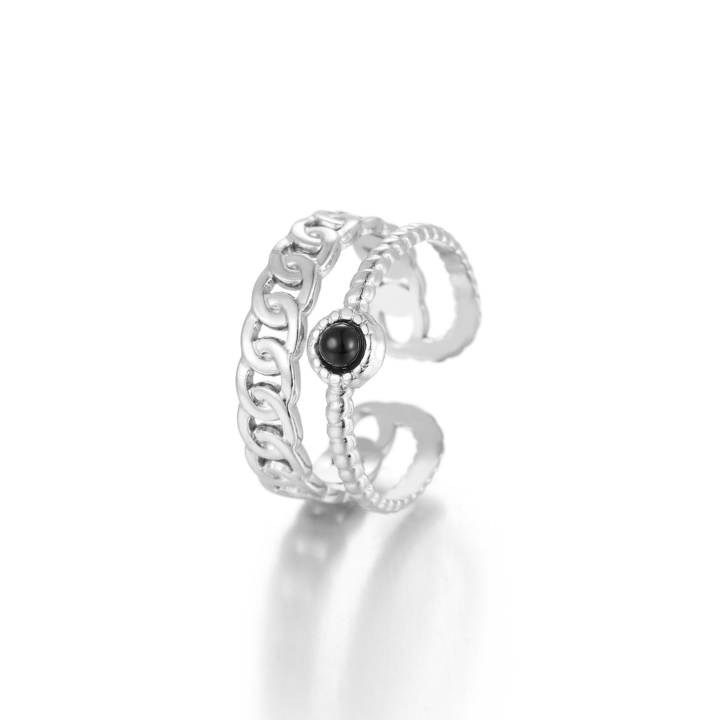 "DUBBELE SCHAKEL ZWART" ZILVEREN RING"